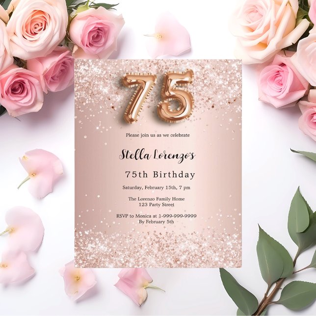 Papier 75e anniversaire rose invitation confetti rose or (Créateur téléchargé)
