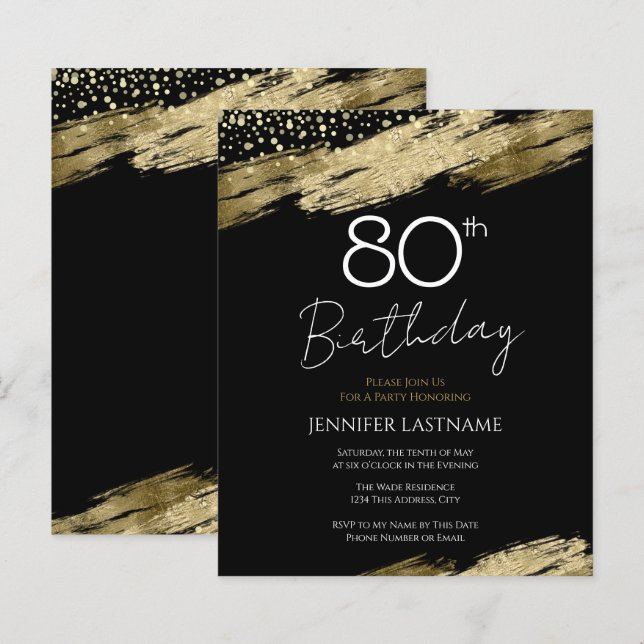 Papier 80e Anniversaire Budget de la fête Gold Black Invi (Devant / Derrière)