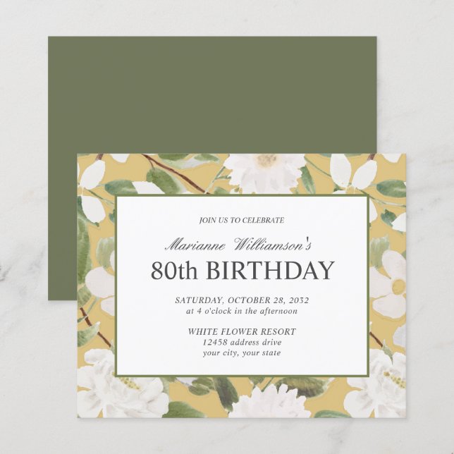 Papier 80e anniversaire Feminine White Flowers Jaune (Devant / Derrière)