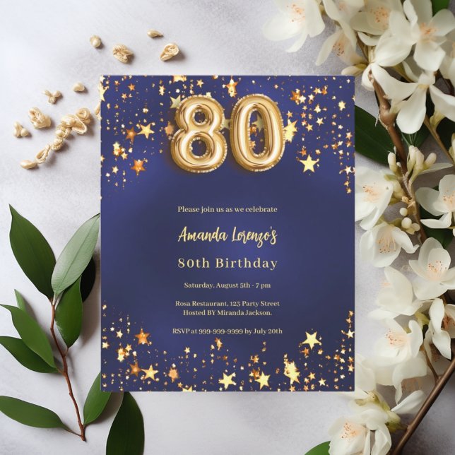 Papier 80e anniversaire marine bleu or étoiles invitation (Créateur téléchargé)