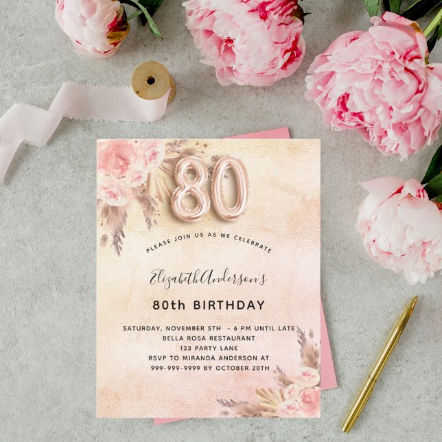 Papier 80e anniversaire pampas herbe invitation rose (Créateur téléchargé)