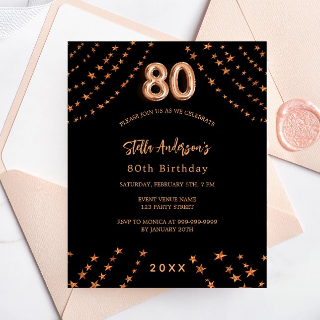 Papier 80e anniversaire rose noir invitation budget or (Créateur téléchargé)