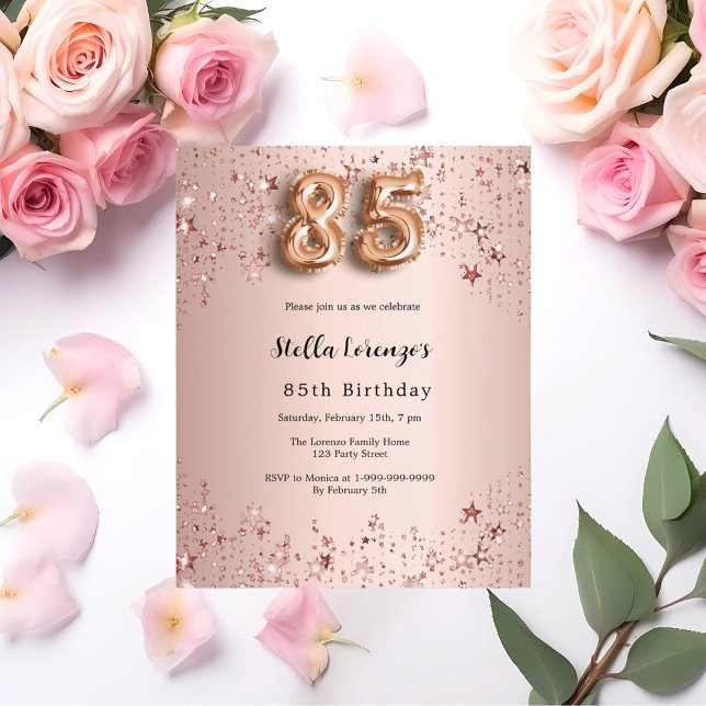 Papier 85e anniversaire rose or rose étoiles invitation (Créateur téléchargé)