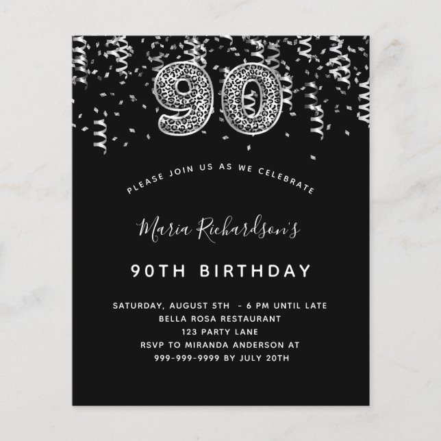 Papier 90e anniversaire Léopard noir argent invitation (Devant)
