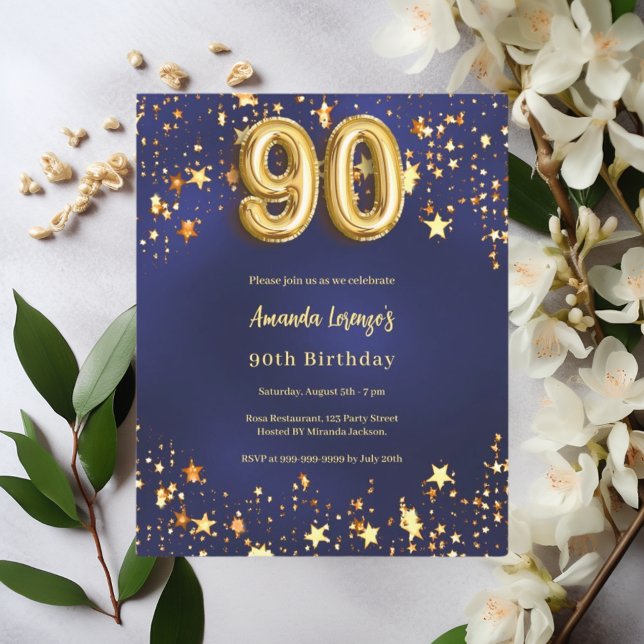 Papier 90e anniversaire marine bleu or étoiles invitation (Créateur téléchargé)