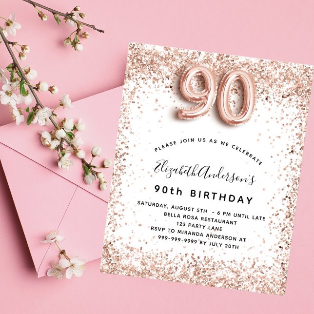Papier 90e anniversaire rose or blanc invitation (Créateur téléchargé)