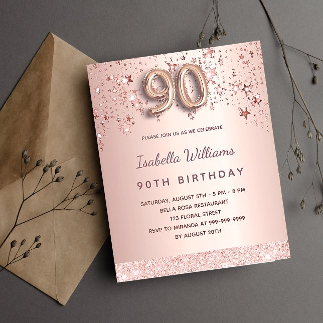 Papier 90e anniversaire rose or étoiles invitation budgét (Créateur téléchargé)