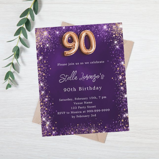 Papier 90e Anniversaire violet rose invitation en or (Créateur téléchargé)