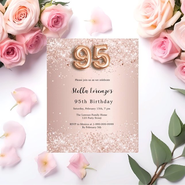 Papier 95e anniversaire rose invitation confetti rose or (Créateur téléchargé)