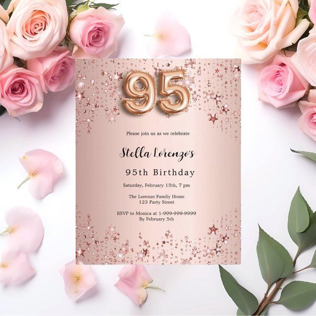 Papier 95e anniversaire rose or rose étoiles invitation (Créateur téléchargé)