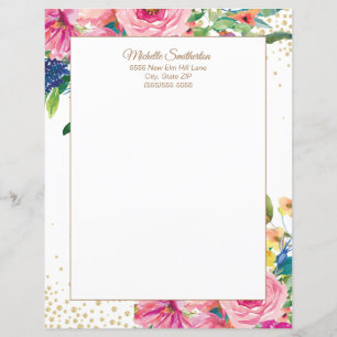 Papier à en-tête élégant à fleurs en aquarelle ros