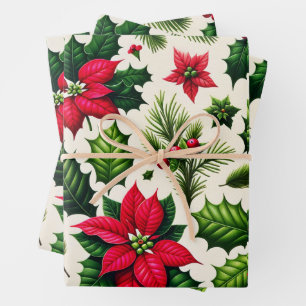Papier à enveloppement Noël Holly et Poinsetta