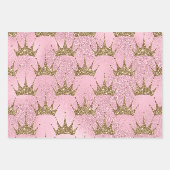 Papier à enveloppement rose avec couronnes dorées (Devant)