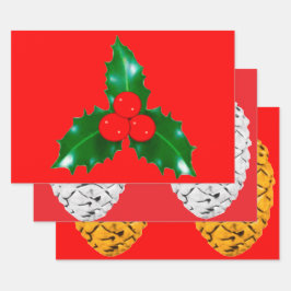 Papier à enveloppement rouge Holly et Pinecones