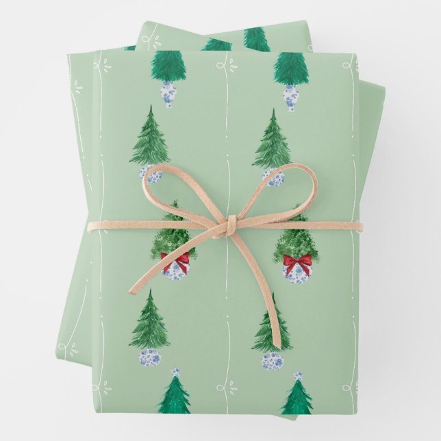 Papier à enveloppement vert de l'arbre de Noël (En situation)
