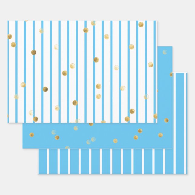 Papier à envelopper - Bleu Gold Stripes Pois (Lot)