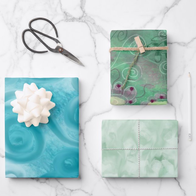 Papier à envelopper ensemble 3pc Abstrait bleu ver (Recto)