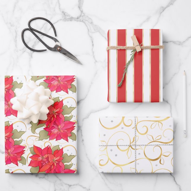 Papier à envelopper Poinsettia de Noël classique (Recto)