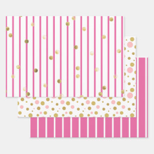 Papier à envelopper - Pois  à bandes d'or rose