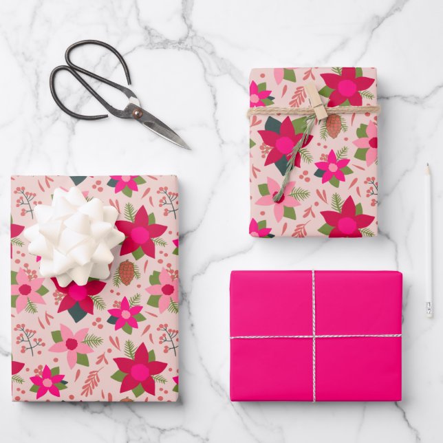 Papier à envelopper rose Poinsettias (Recto)