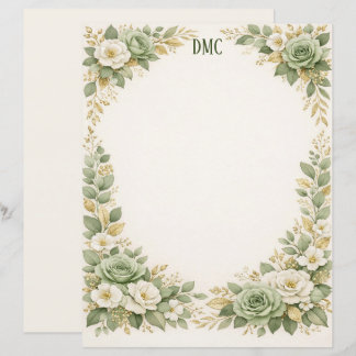 Papier à lettres floral vert sauge et blanc