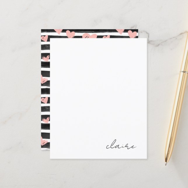 Papier à lettres personnalisé coeurs roses (Devant/Arrière en situation)