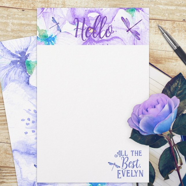 Papier à lettres personnalisées à libellules bleue (whimsical purple blue dragonflies dragonfly budget personalized letter stationary paper sheets)