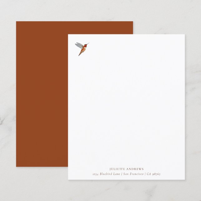 Papier à lettres personnalisées pour colibri (Devant / Derrière)