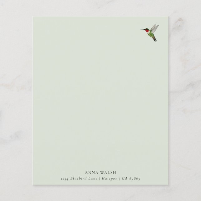 Papier à lettres vert personnalisé pour colibri (Devant)