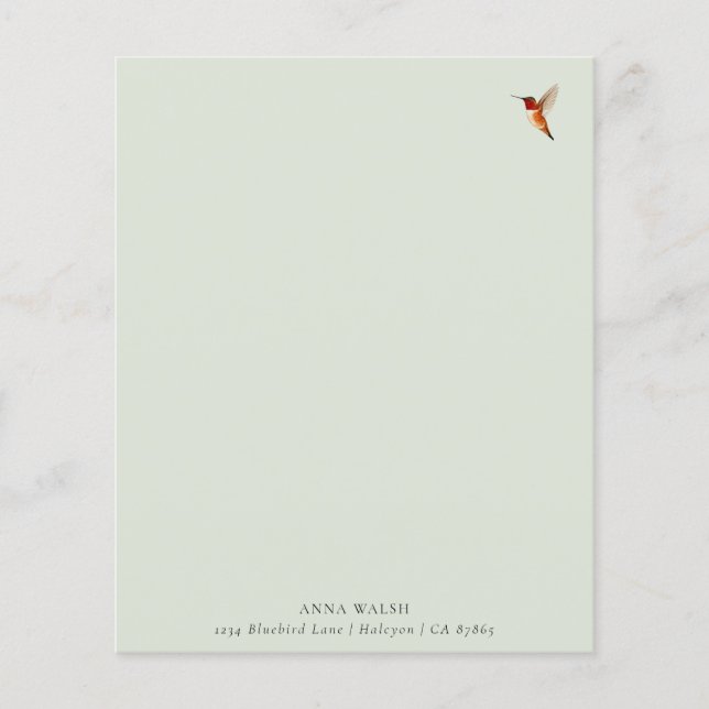 Papier à lettres vert personnalisé pour colibri (Devant)