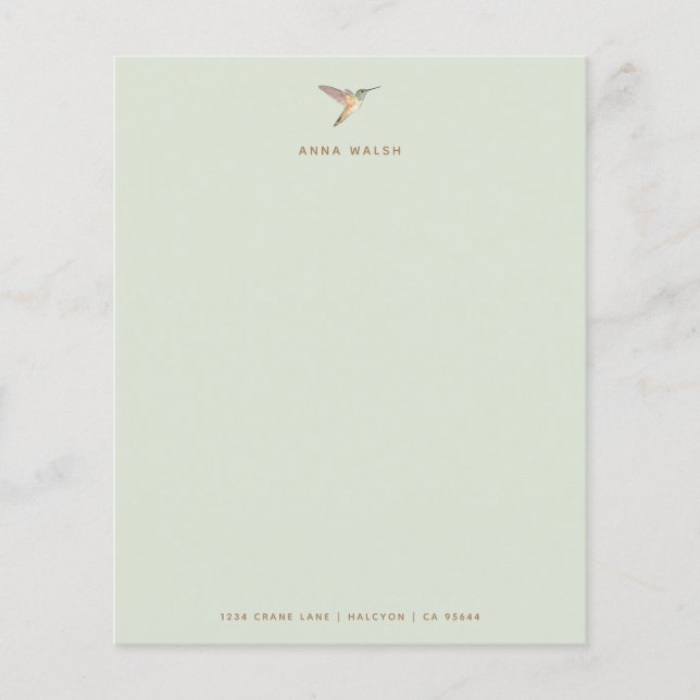 Papier à lettres vert personnalisé pour colibri (Devant)