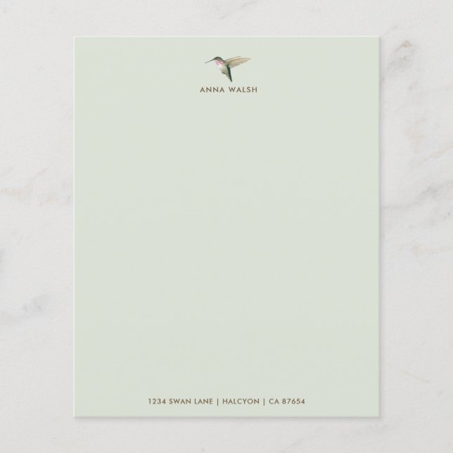 Papier à lettres vert personnalisé pour colibri (Devant)