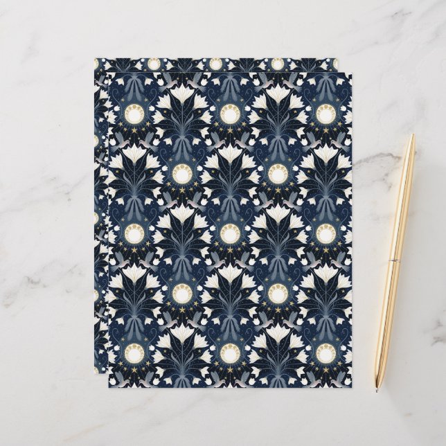 Papier à rebut bleu et or Art Nouveau Lune (Devant/Arrière en situation)