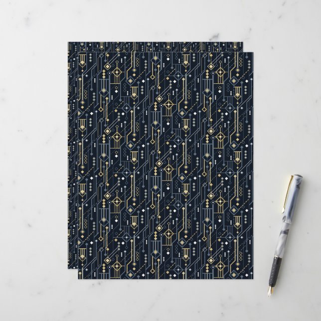 Papier à rebut géométrique bleu et or Art déco (Devant/Arrière en situation)