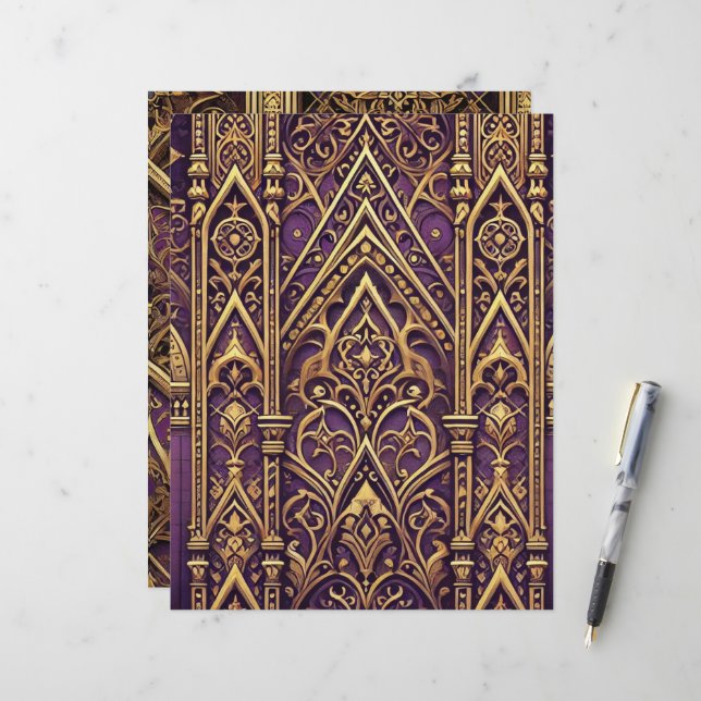 Papier à rebut gothique victorien violet et or (Devant/Arrière en situation)