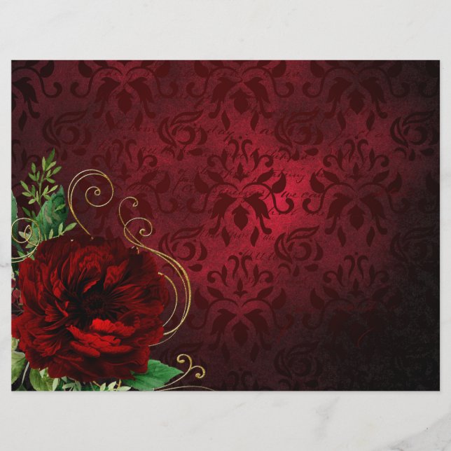 Papier à rebut rouge foncé Rose et Damas (Devant)