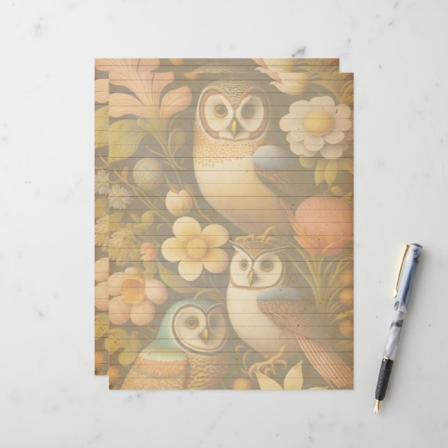 Papier à scandale Chouettes et fleurs botaniques v (Devant/Arrière en situation)