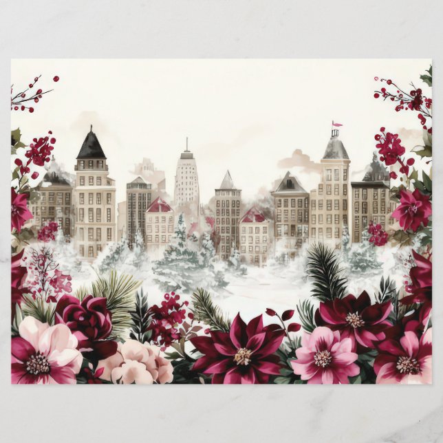 Papier à scandale de la ville de Noël et des fleur (Devant)