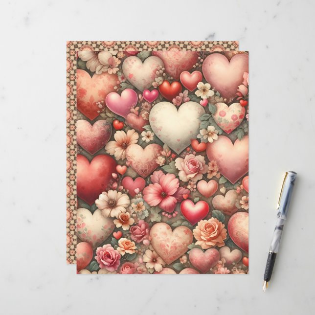 Papier à scandale Valentines Aquarelle vintage (Devant/Arrière en situation)