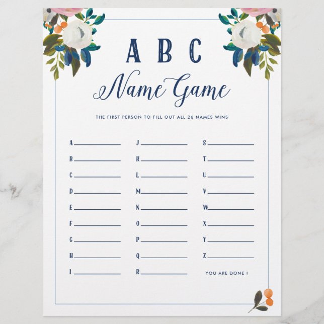 Papier ABC Baby Name Shower Jeu (Devant)