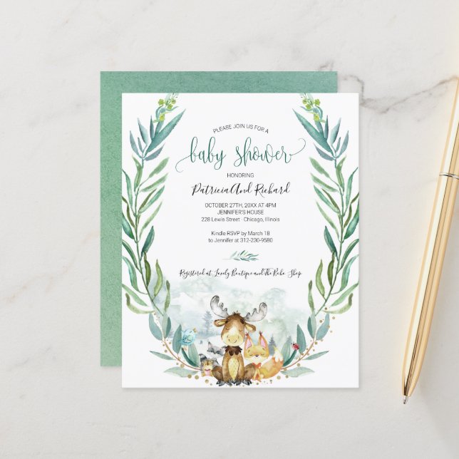 Papier Adorable Baby shower de bois Invitations budgétair (Devant/Arrière en situation)