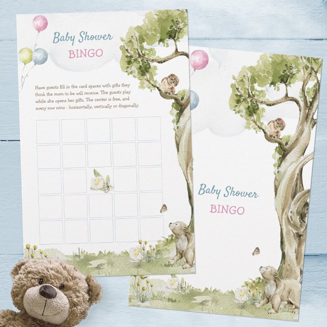 Papier Adorable Baby shower d'ours de bois Jeu de Bingo (Adorable Woodland Bear Baby Shower Bingo Game ©Susanne Sachers - Sunny Mind Design 🌞)
