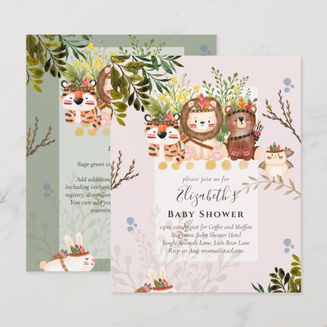 Papier Adorable Jungle Animaux Baby Boys Douche Invitatio (Devant / Derrière)