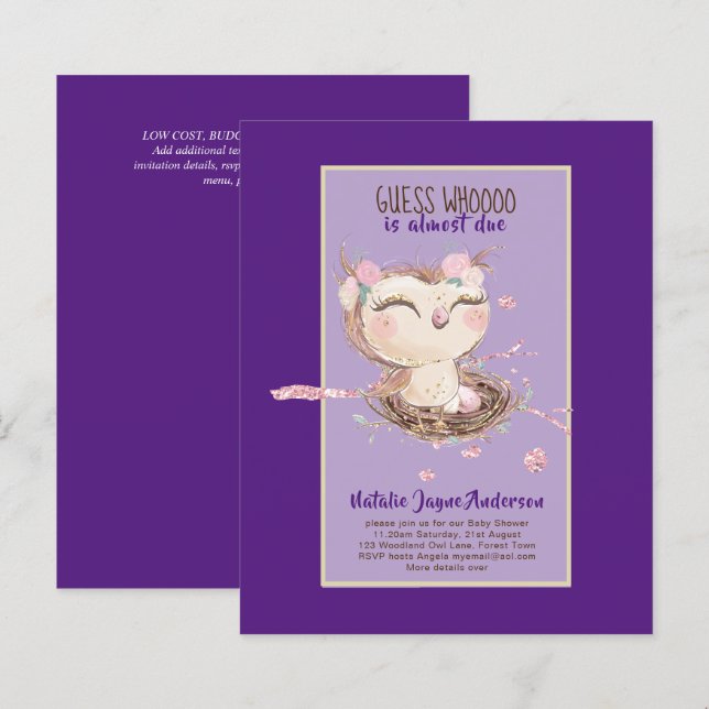 Papier Adorable OWL Baby shower Filles ou garçons Invitat (Devant / Derrière)