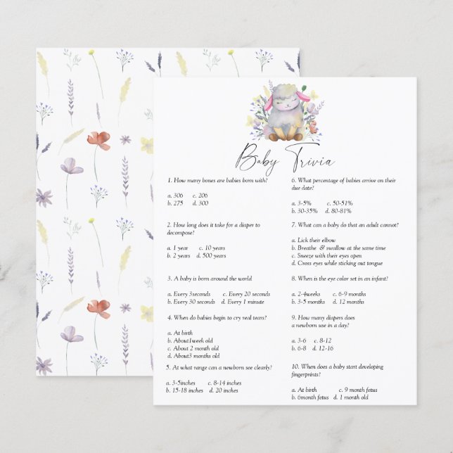 Papier Agneau - Trivia bébé | Jeu Baby shower (Devant / Derrière)