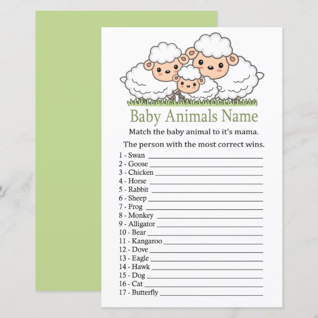 Papier Agneaux mignons Bébé Animaux Nom Jeu (Devant / Derrière)