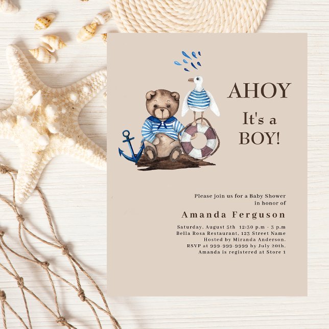 Papier Ahoy boy teddy marin Baby shower beige invitation (Créateur téléchargé)