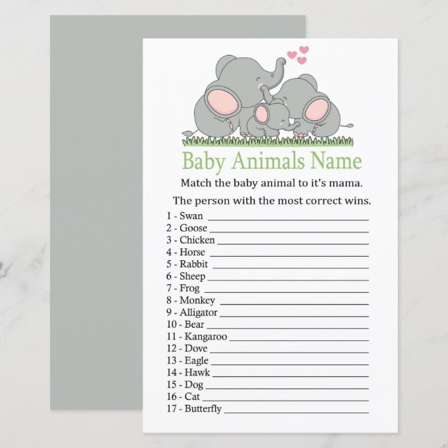 Papier Aimer Eléphants Bébé Animaux Nom Jeu (Devant / Derrière)