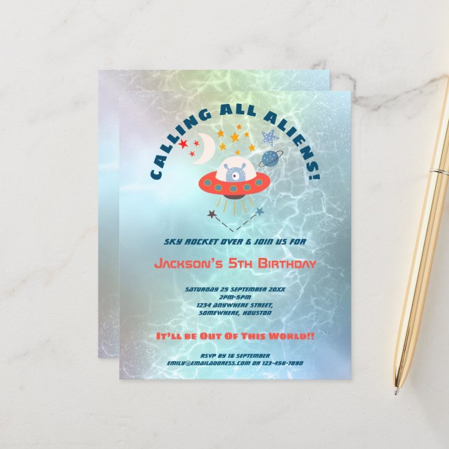 Papier Aliens budgétaires 5e fête d'anniversaire Invitati (Devant/Arrière en situation)