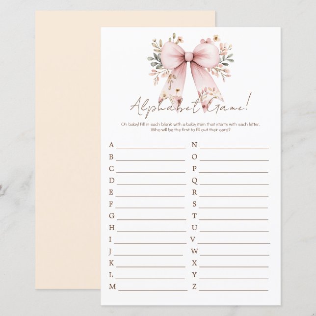 Papier Alphabet Baby shower de fille rose florale (Devant / Derrière)